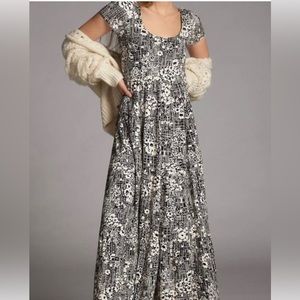 Anthropologie Black & White Floral Maeve Catalina Tiered Maxi Dress
